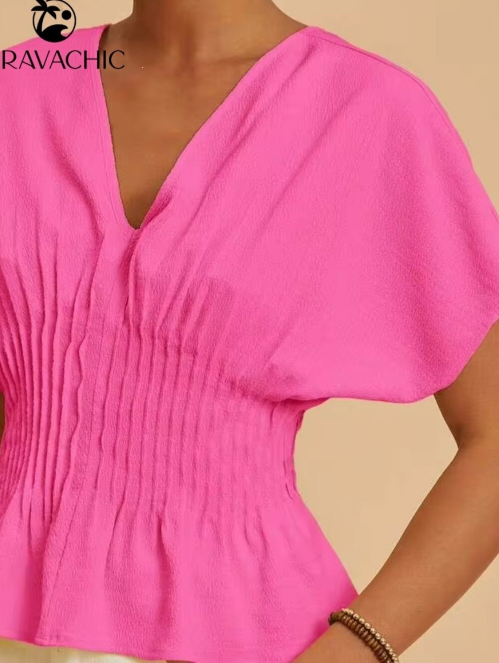 Women's Pink Smocked Waist V-Neck Top